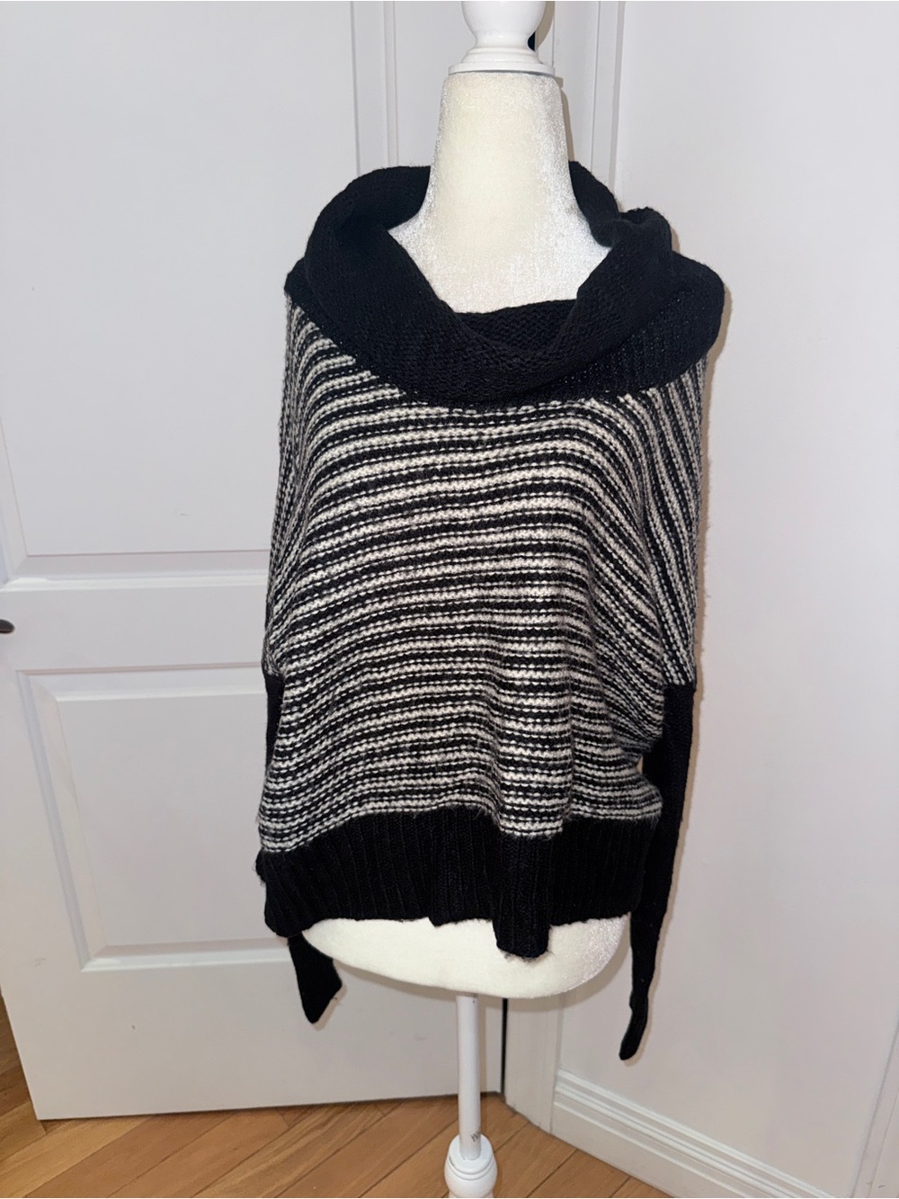 Aqua Black & White Striped Cowl Poncho Sweater